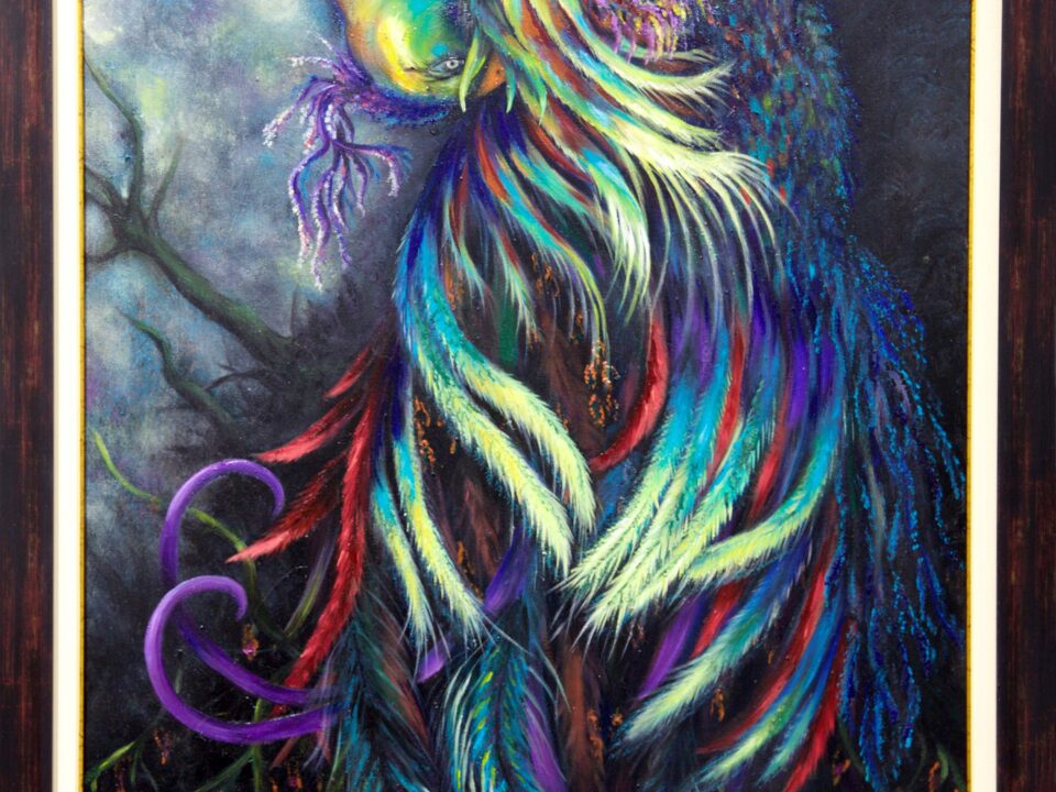 zümrütü anka, tuval, yağlı boya, simurg, phoenix, emerald phoenix