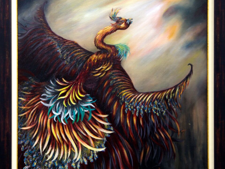 zümrütü anka, tuval, yağlı boya, simurg, phoenix, emerald phoenix