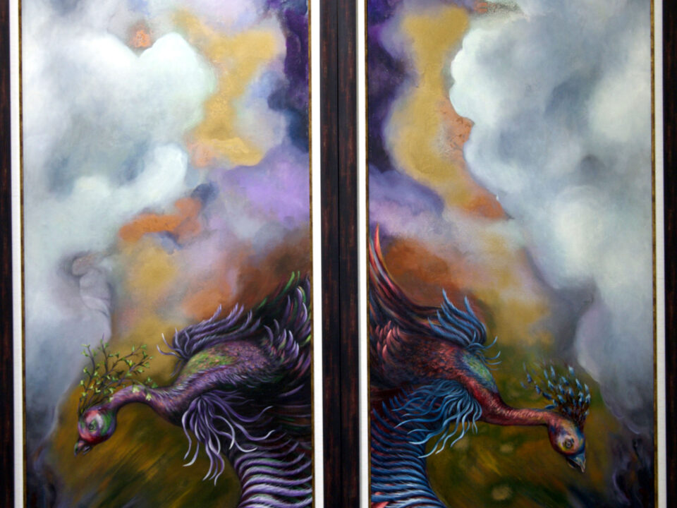 zümrütü anka, tuval, yağlı boya, simurg, phoenix, emerald phoenix