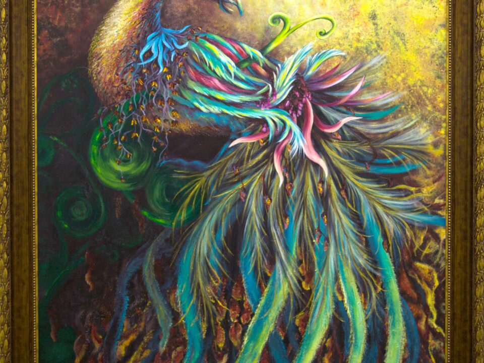 zümrütü anka, tuval, yağlı boya, simurg, phoenix, emerald phoenix